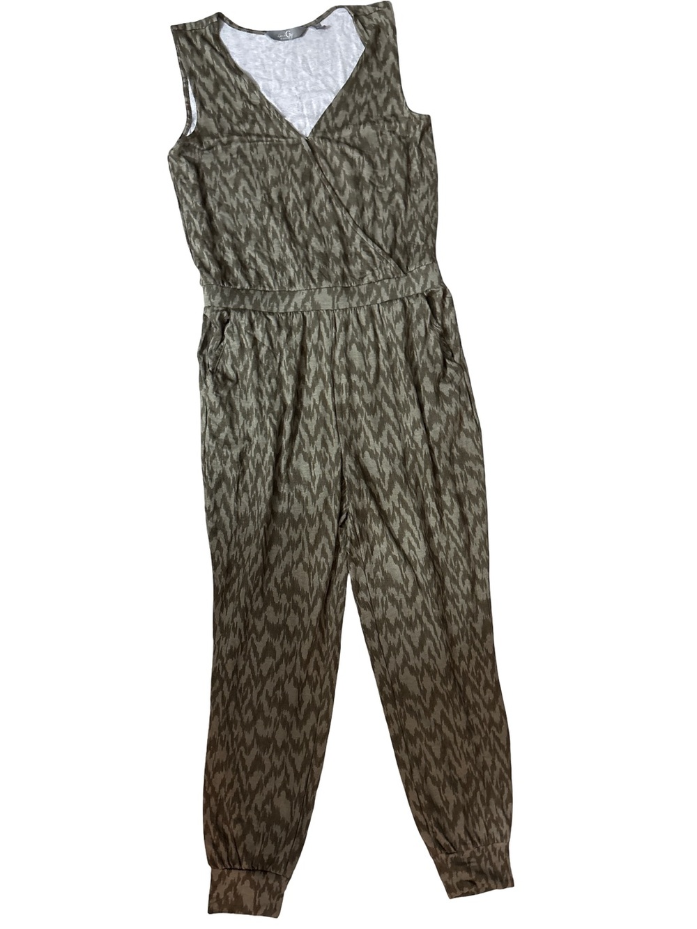 Sleeveless Olive Ikat-Print Utility Jumpsuit